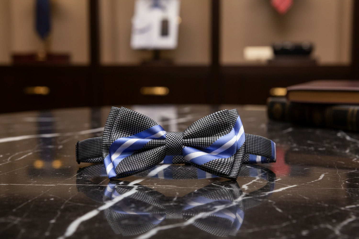 Grey, Blue, White Stripe Bow Tie Pre Tied