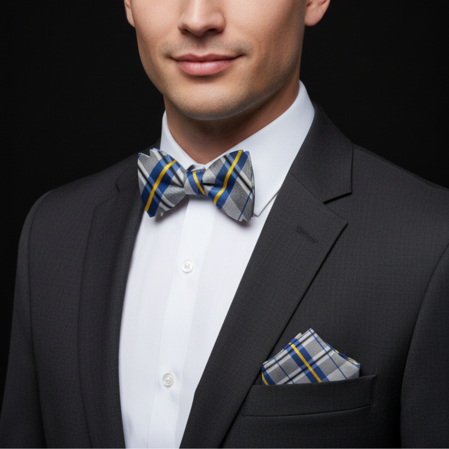 Man wearing a black suit with a plaid bow tie and pocket square on a dark background