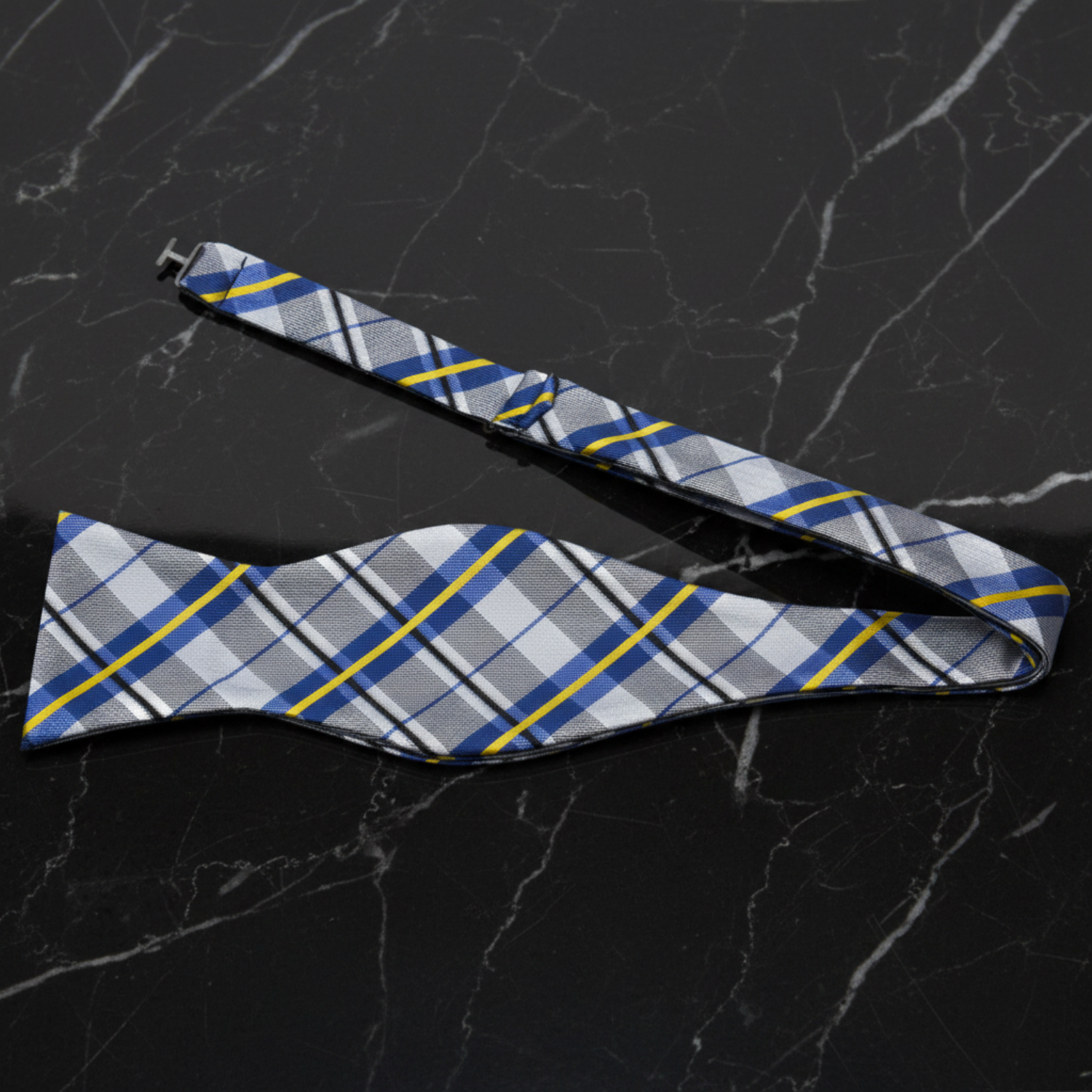 Grey, Blue Plaid Self Tie Bow Tie