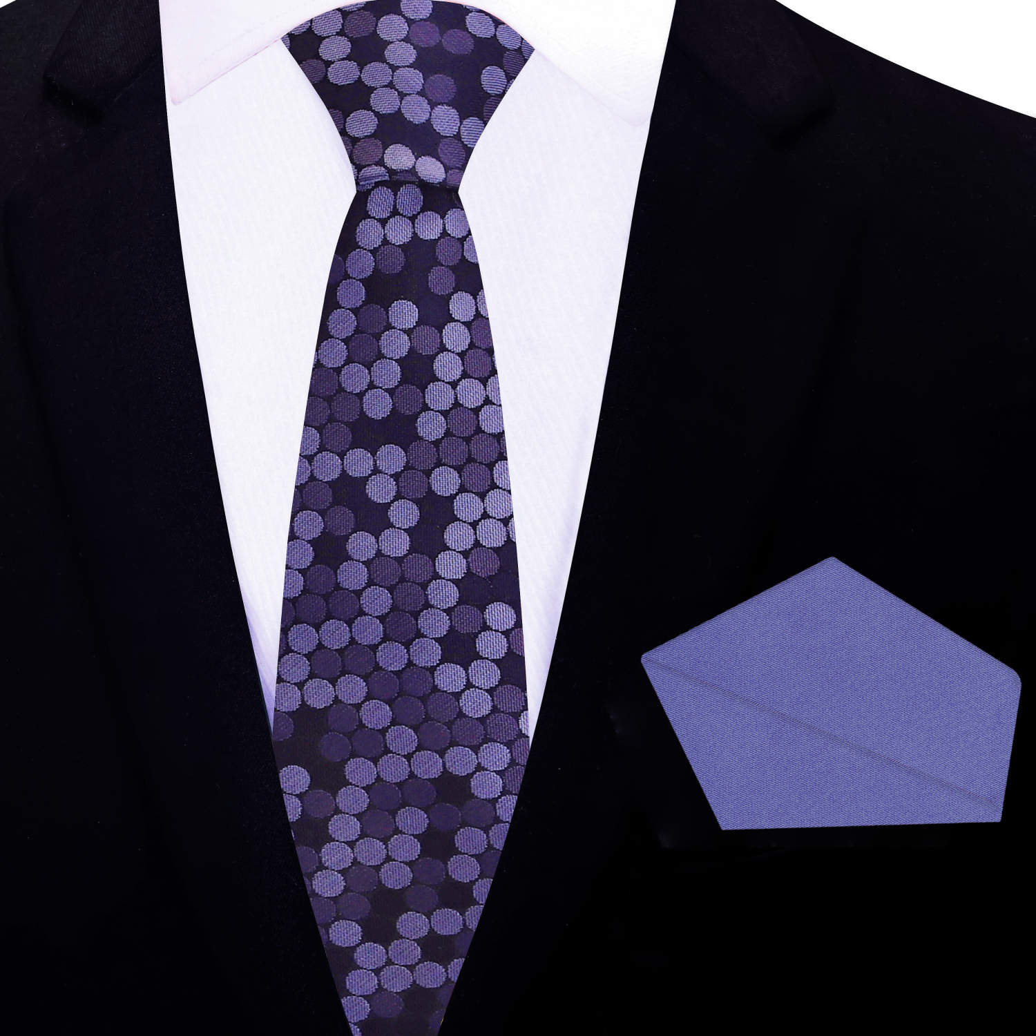 thin purple polka patterned tie and accenting Square
