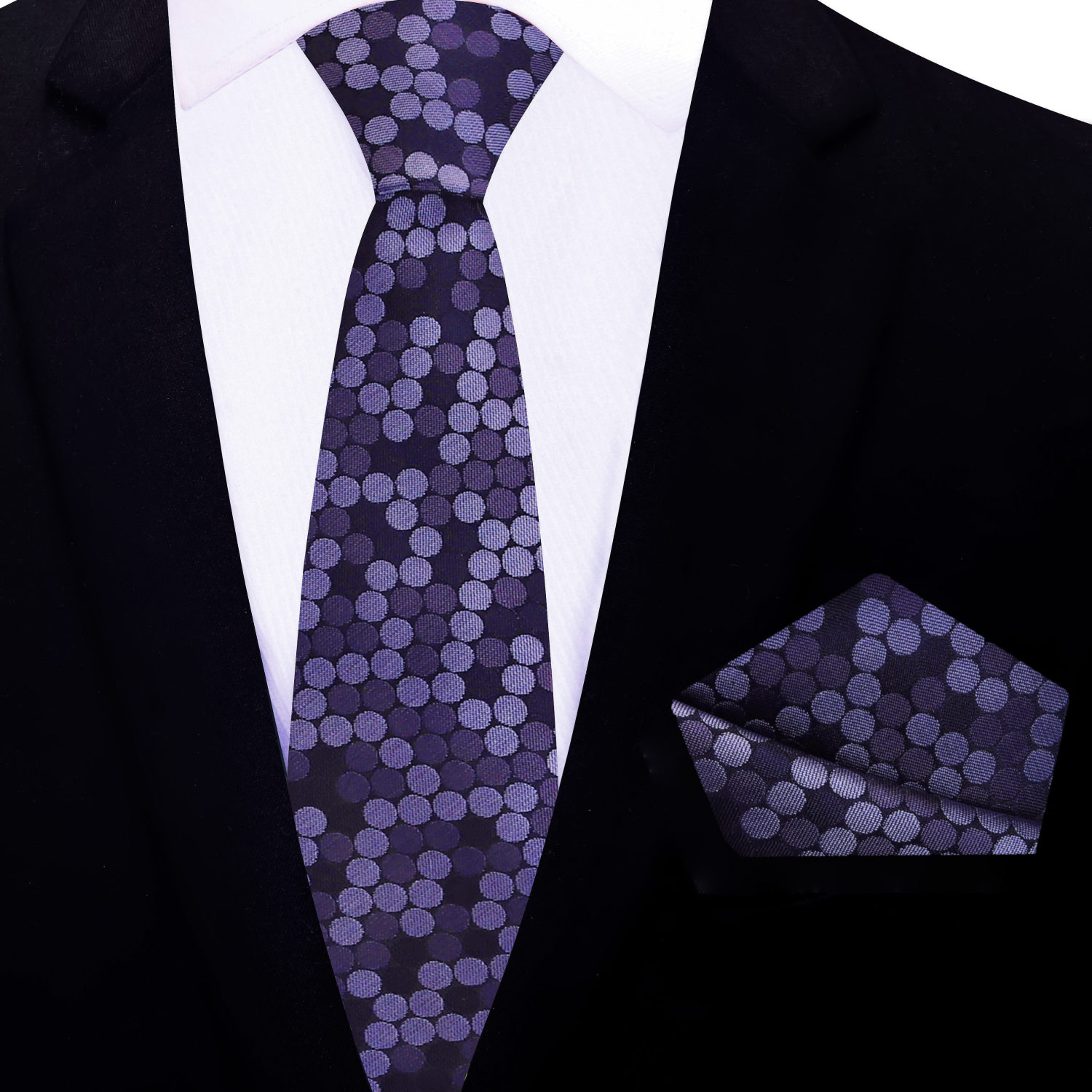 thin purple polka patterned tie and matching Square on man