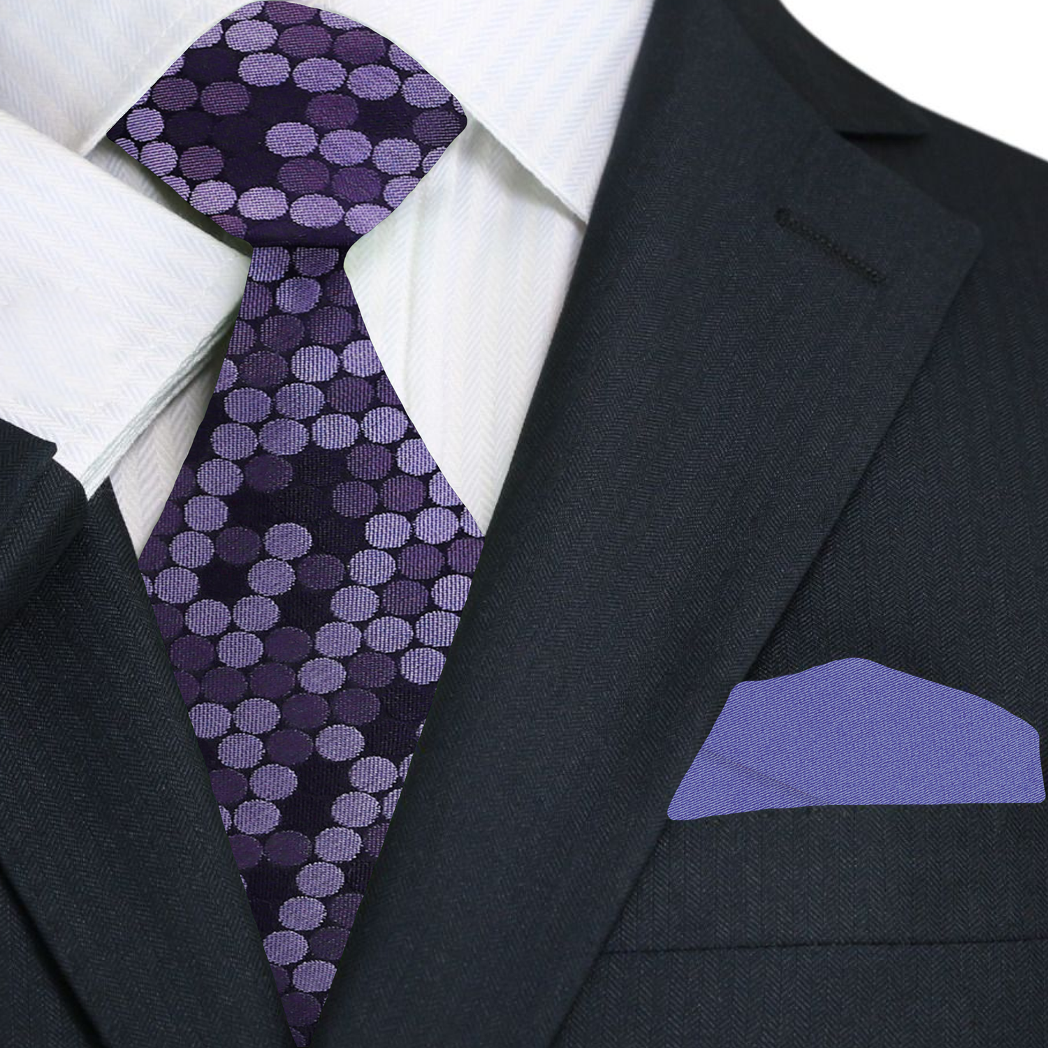 Main purple polka patterned tie and accenting Square