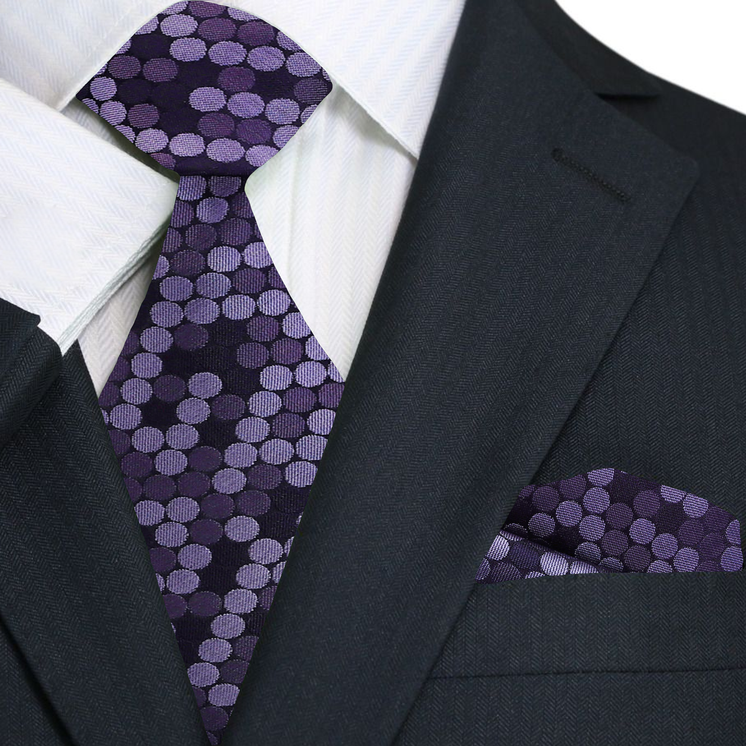 Main purple polka patterned tie and matching Square on man