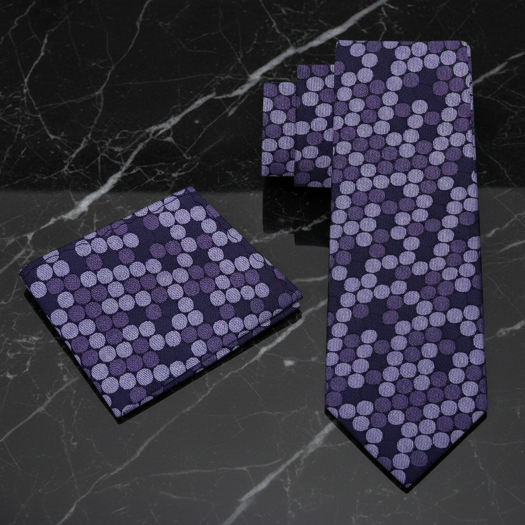 alt purple polka patterned tie and matching Square 