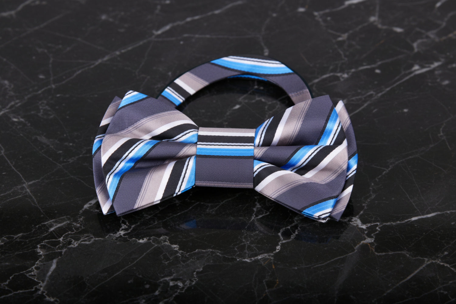 Grey, Blue Stripe Bow Tie Pre Tied