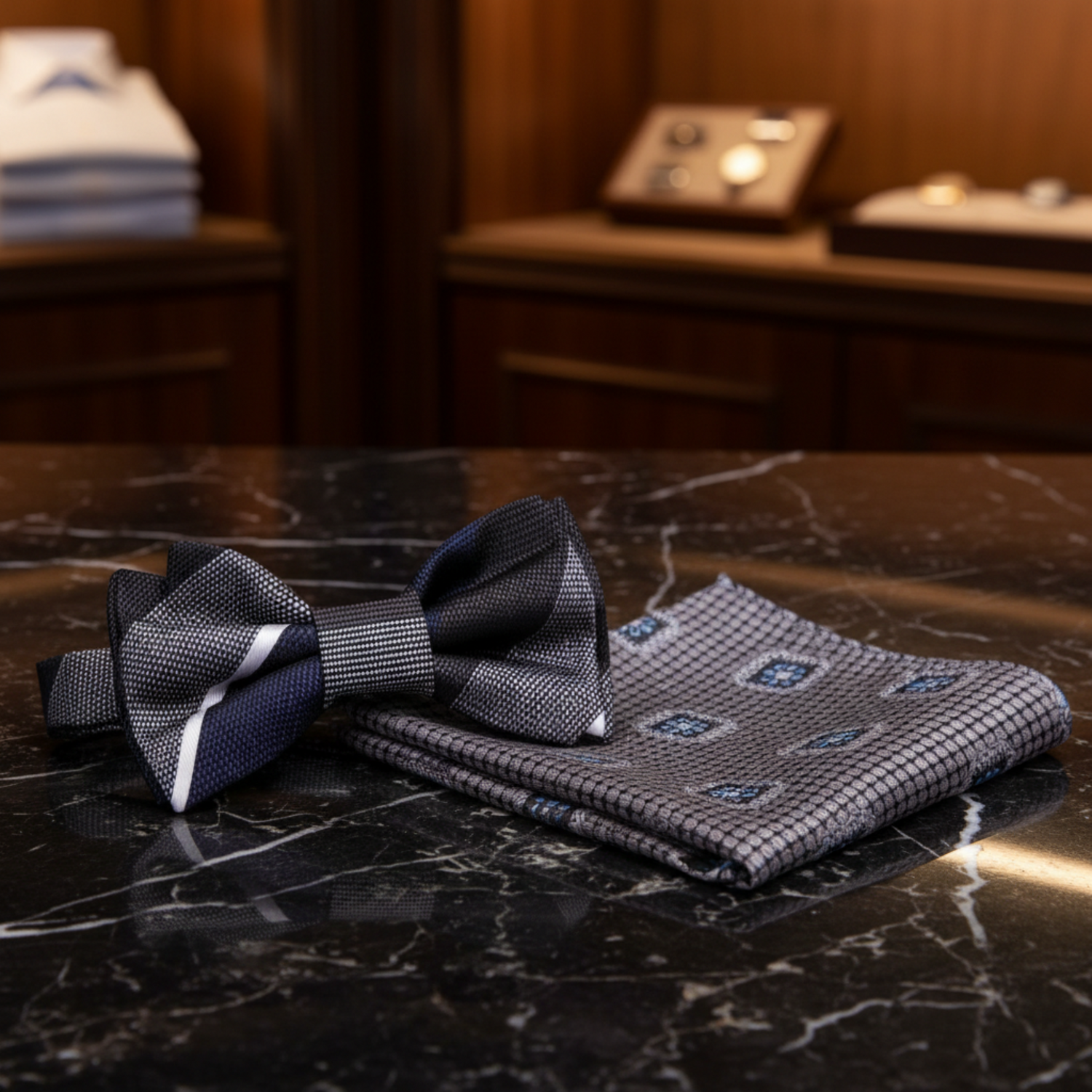 Main: Brown, Grey, Blue Stripe Bow Tie and Accenting Square
