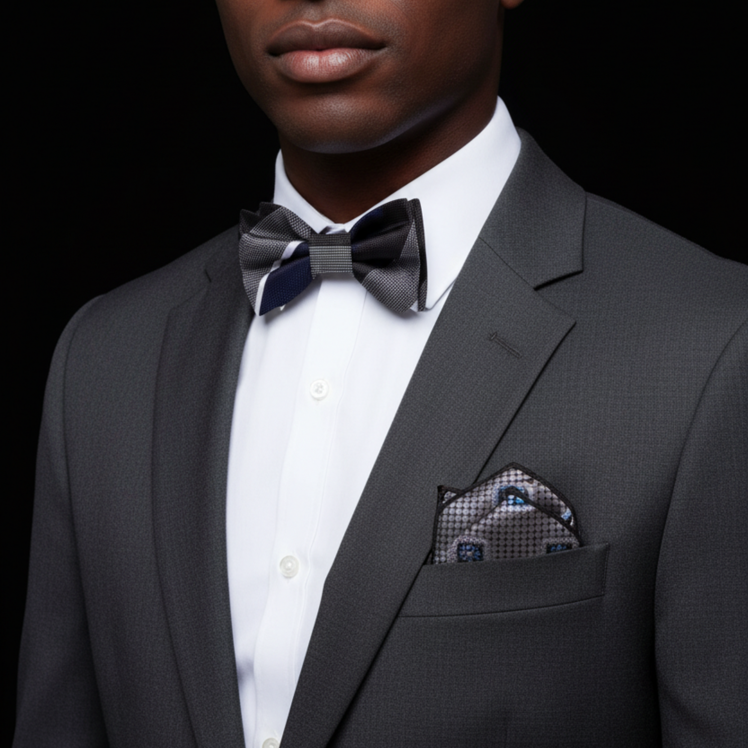 Brown, Grey, Blue Stripe Bow Tie and Accenting Square on man