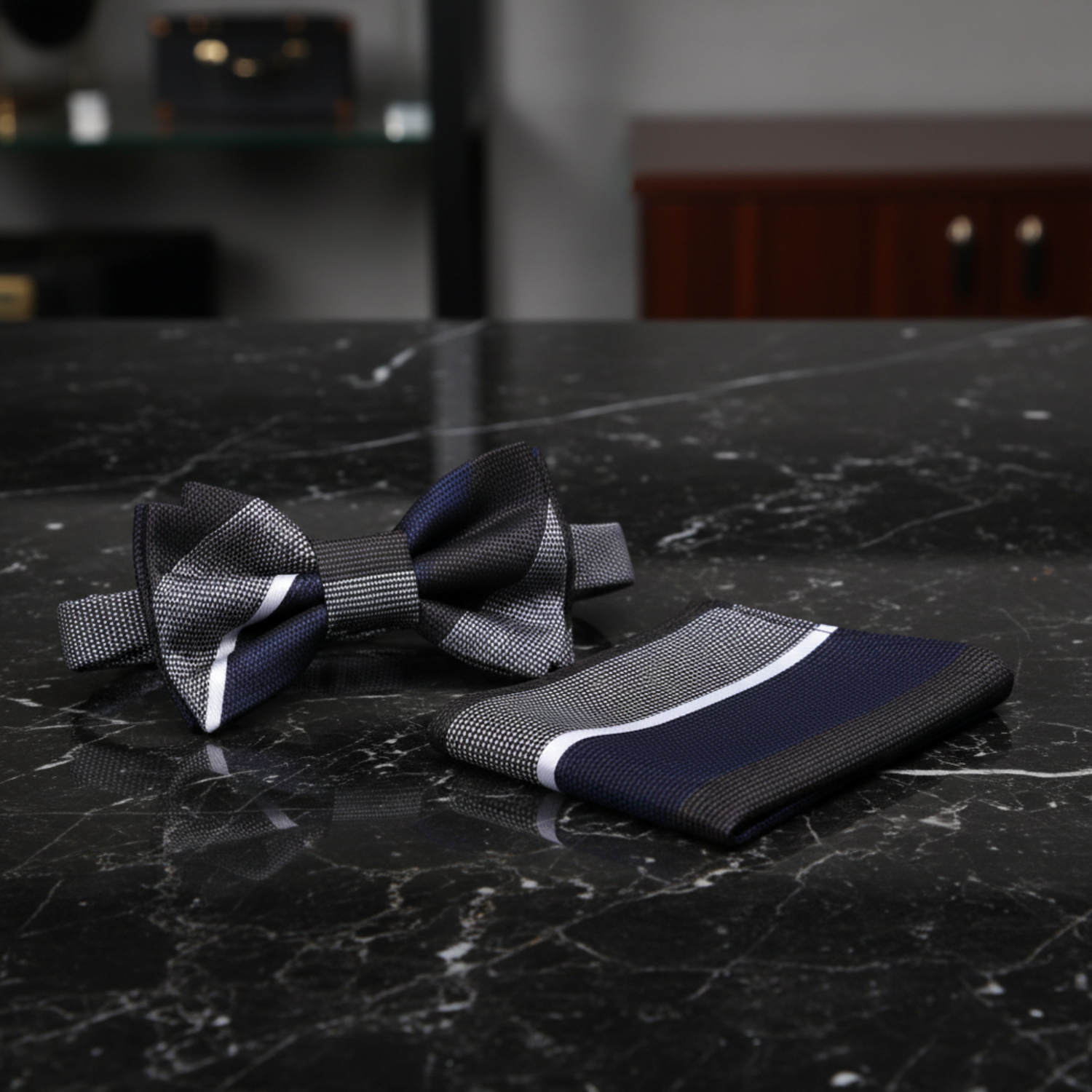 Grey Brown Blue Adonis Stripe Bow Tie and Square
