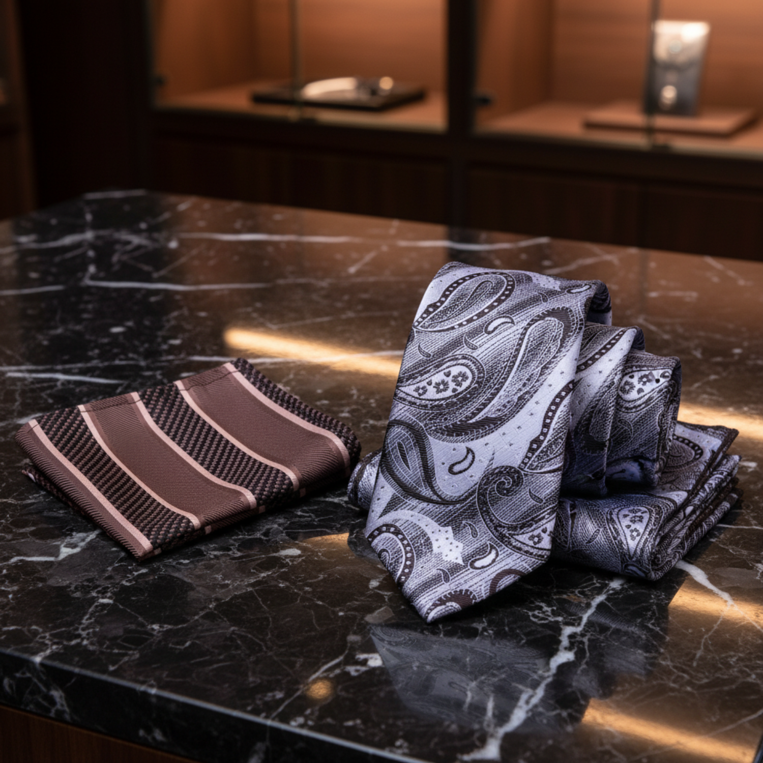 Alt View: A White, Grey, Brown Paisley Pattern Necktie, With Brown Stripe Pocket Square