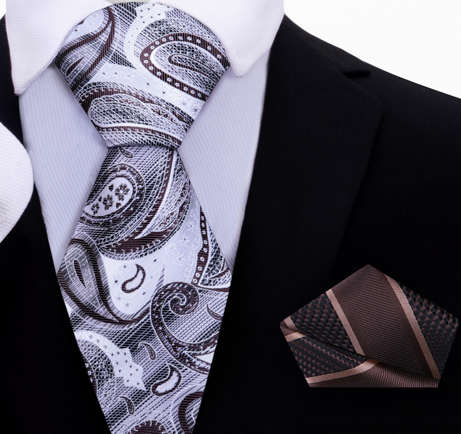 A White, Grey, Brown Paisley Pattern Silk Necktie, With Brown Stripe Pocket Square