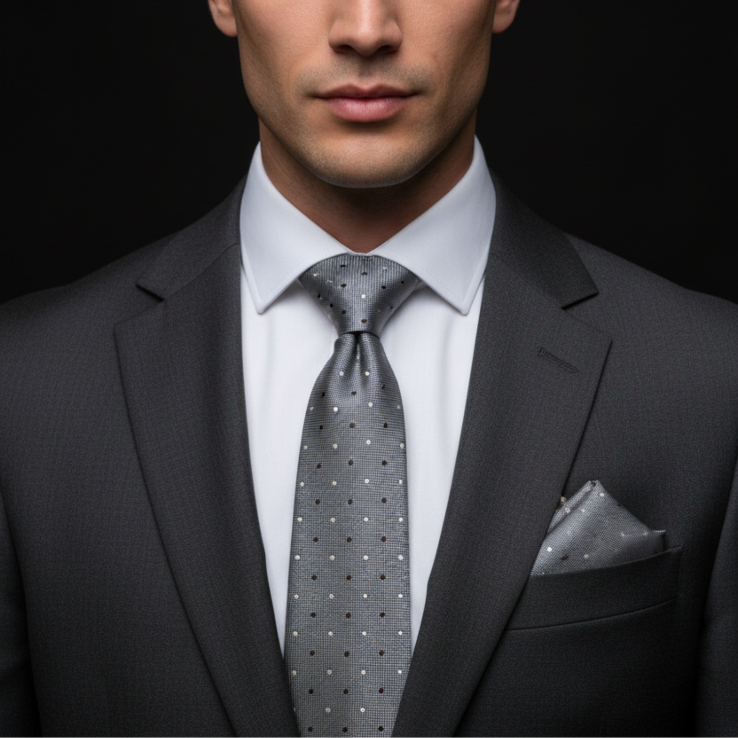 Man wearing a gray suit with a patterned tie and pocket square on a black background