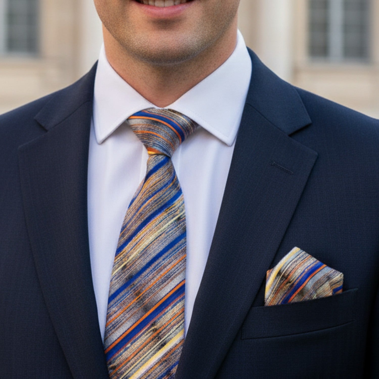Blue, Grey & Gold Abstract Stripe Necktie