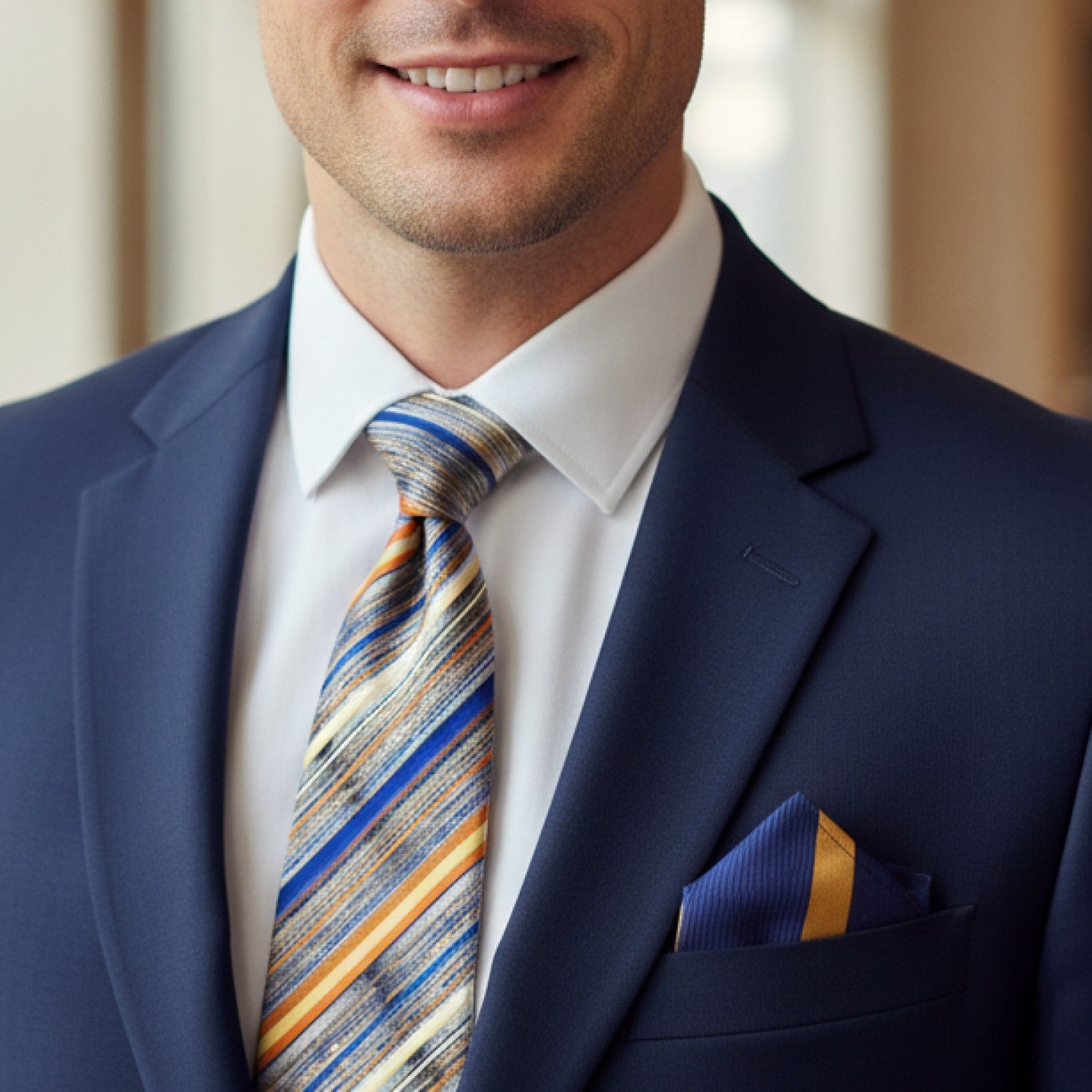 Blue, Grey & Gold Abstract Stripe Necktie