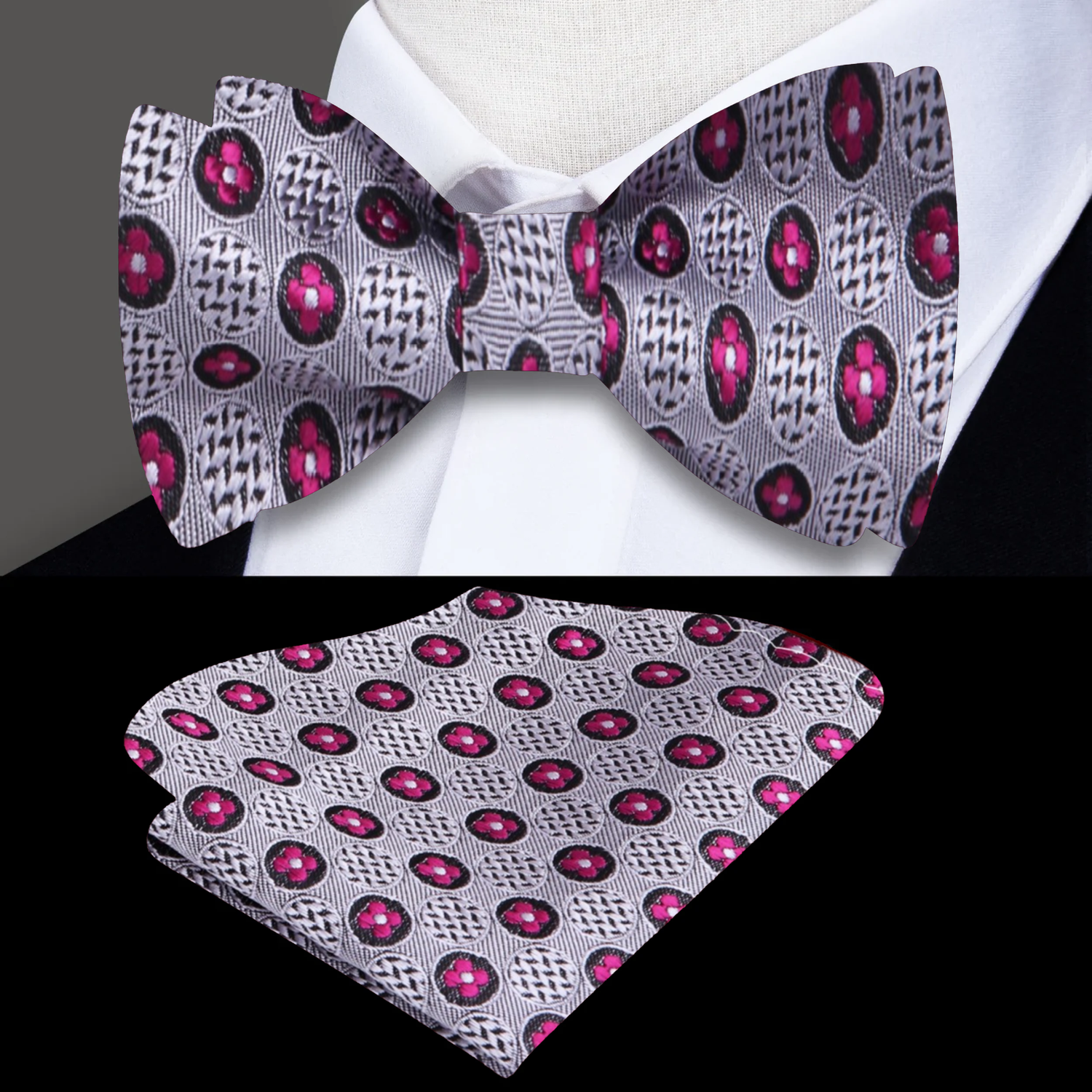 A Grey, Dark Pink Circles and Flowers Pattern Self-Tie Bow Tie, Matching Pocket Square