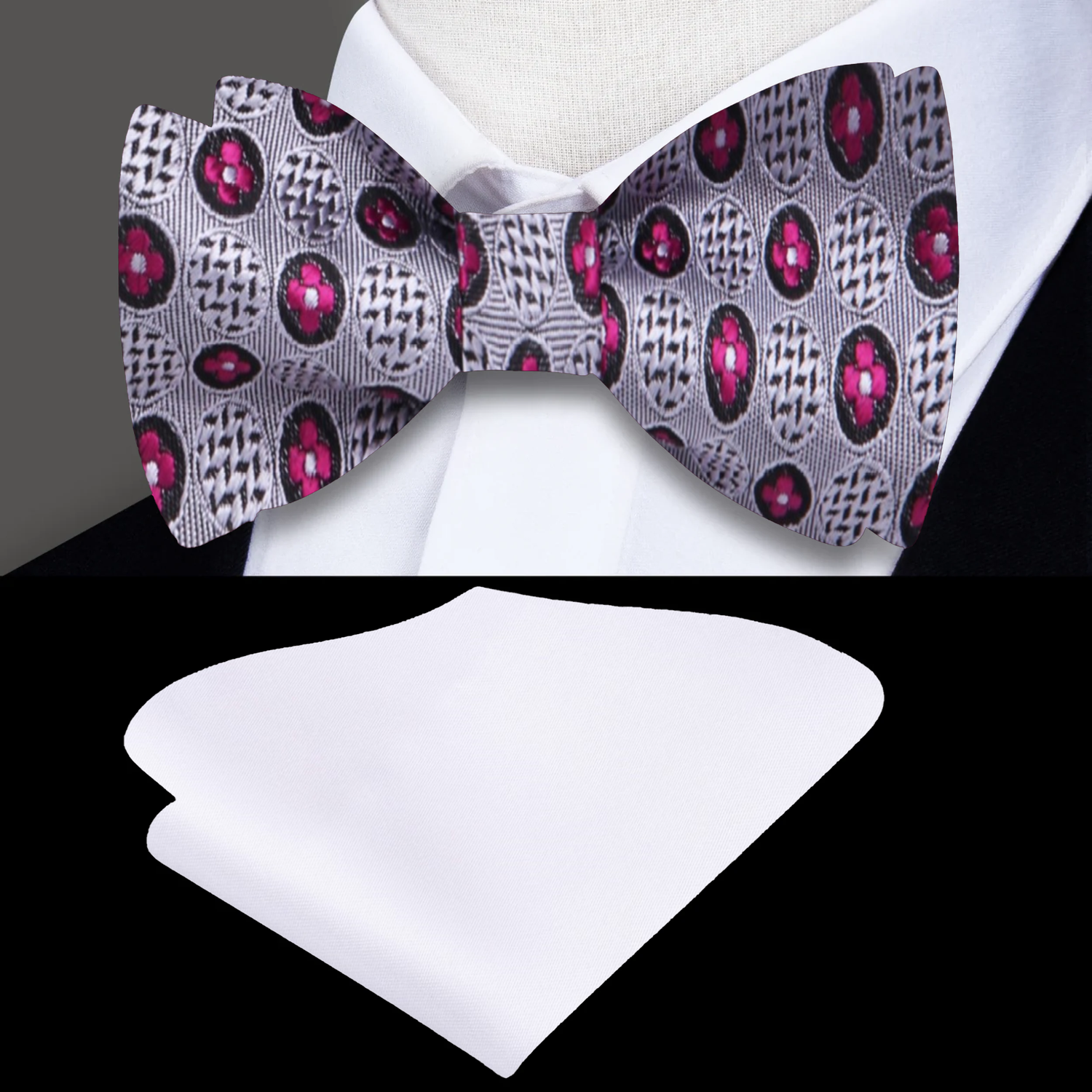 A Grey, Dark Pink Circles and Flowers Pattern Self-Tie Bow Tie, White Pocket Square