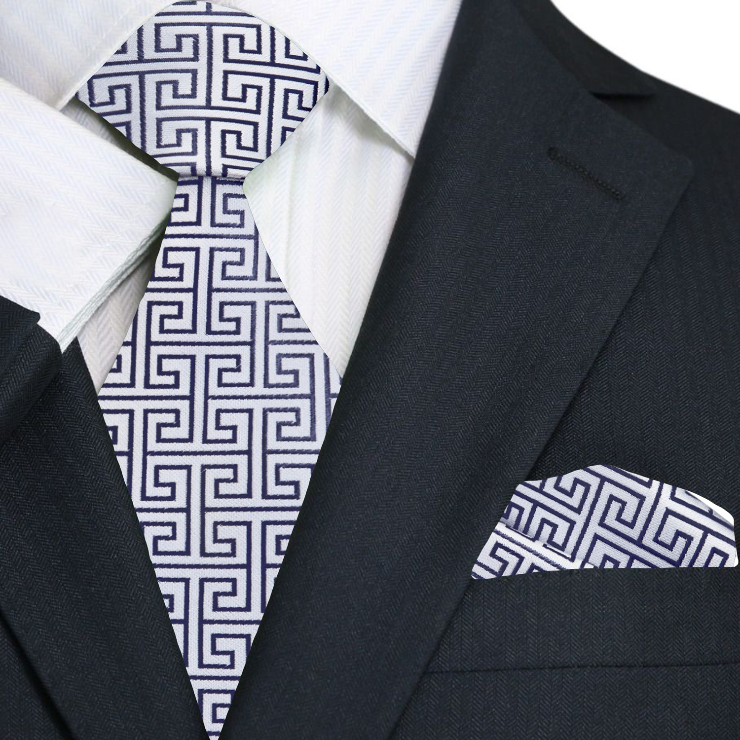 Main A Silver Geometric Pattern Necktie, Matching Pocket Square