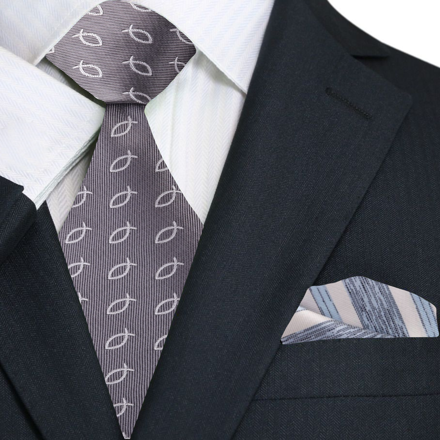 Primary Grey, Light Grey Christian Fish Tie and White, Light Blue Square