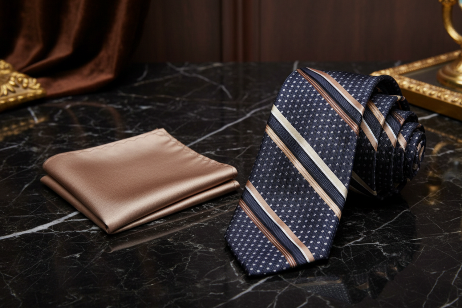 Grey Gold Black Saint Stripe Necktie and Square View 2