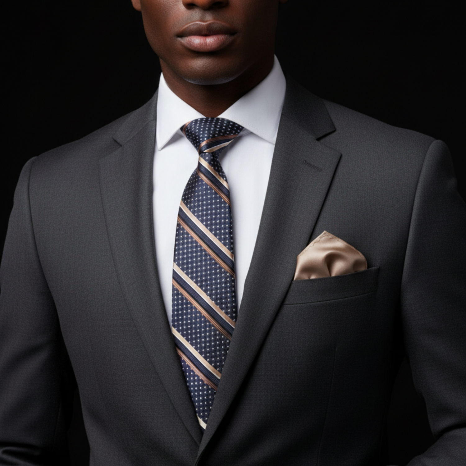 Man wearing a gray suit with a patterned tie and pocket square on a black background