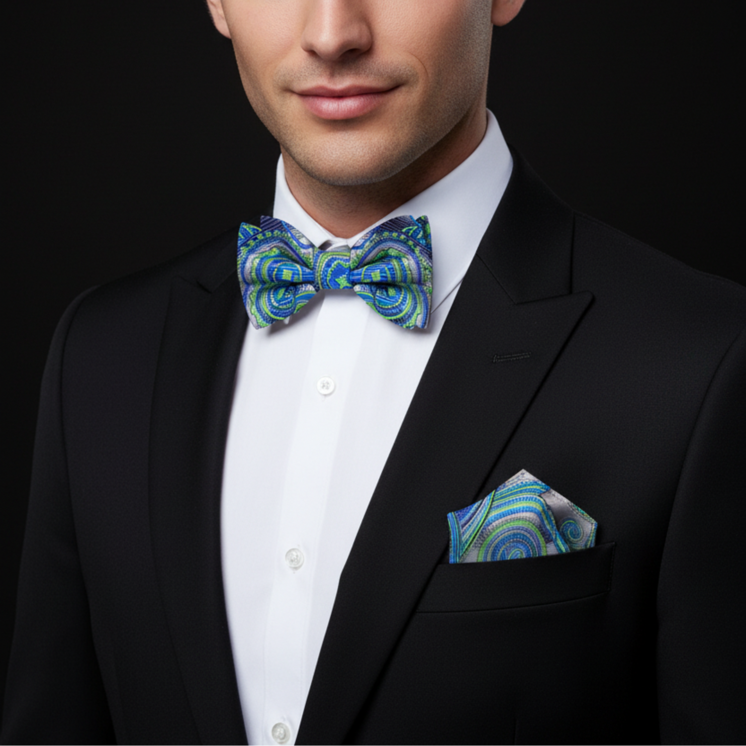 Man wearing a black suit with a blue and green patterned bow tie and pocket square against a black background