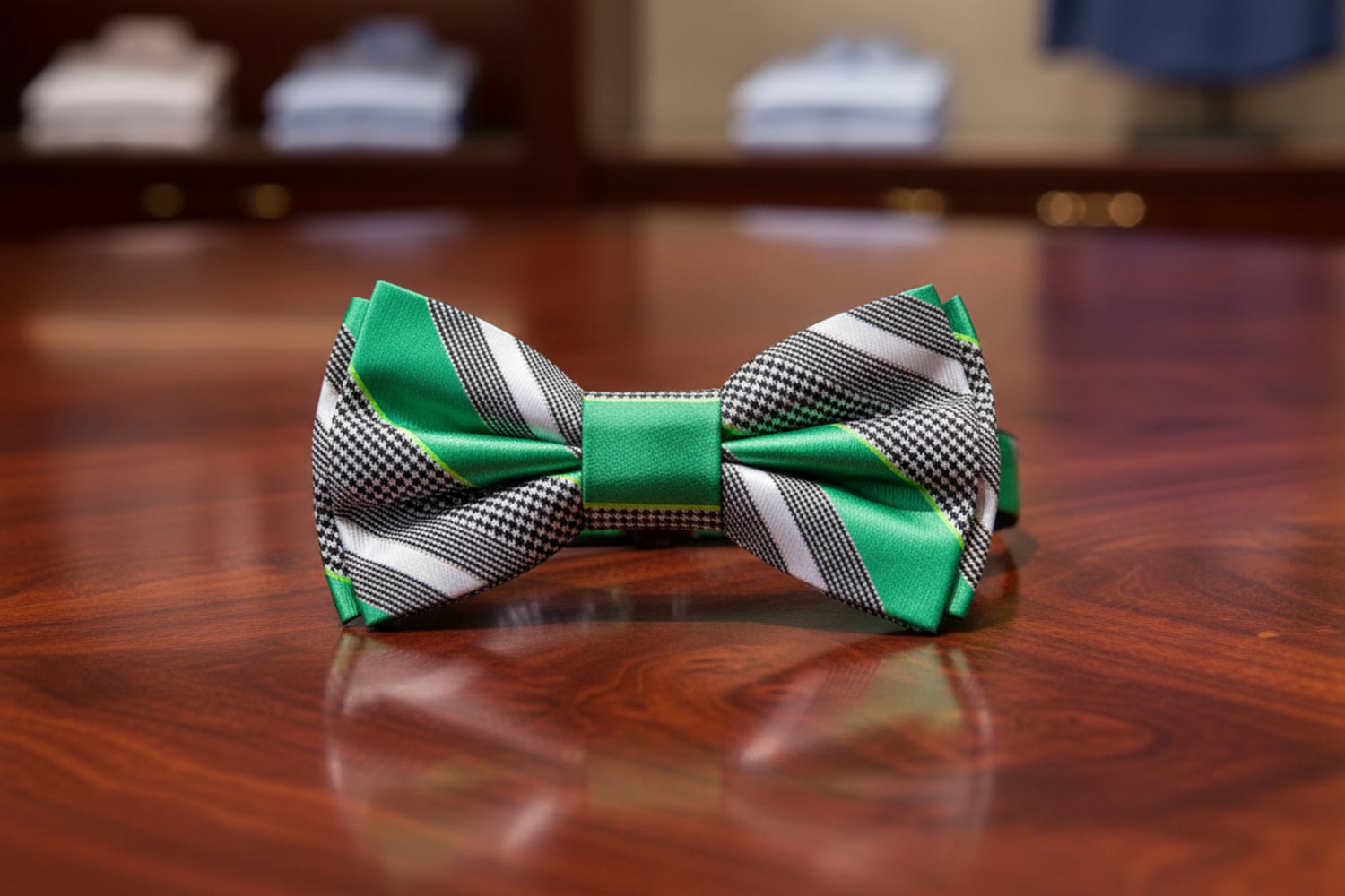 Green, Grey, White Stripe Bow Tie Pre Tied