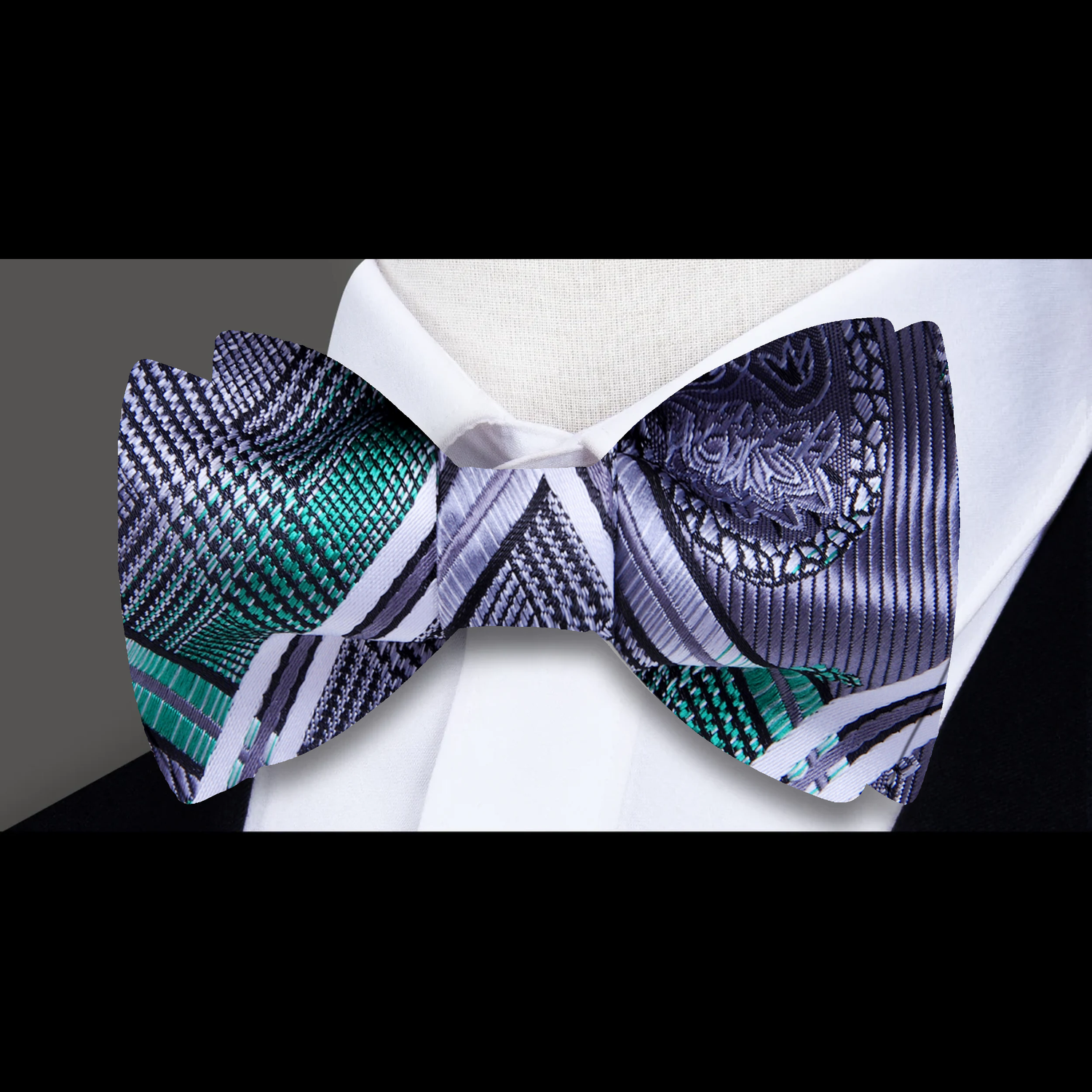 A Silver, Black, Orange Geometric and Paisley Pattern Self Tie Bow Tie