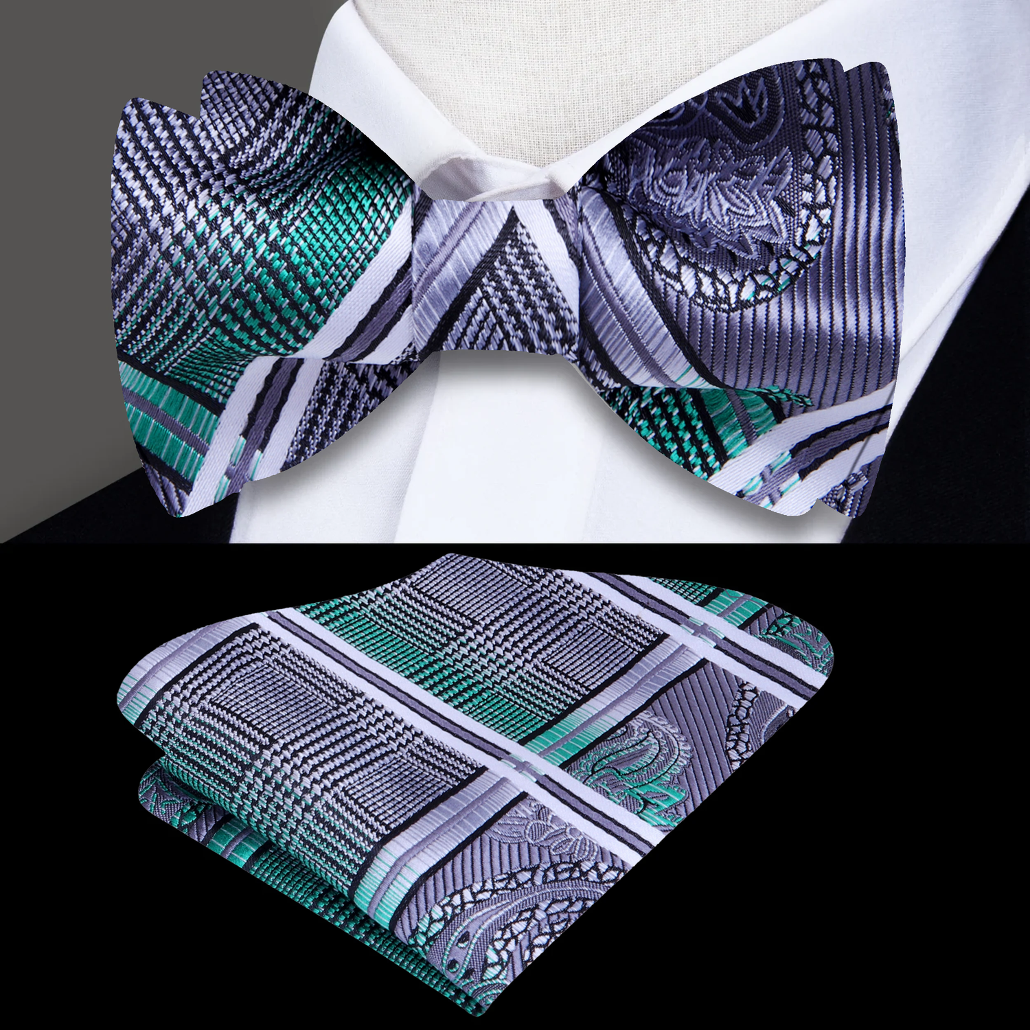 Main: A Silver, Black, Green Geometric and Paisley Pattern Self Tie Bow Tie, Matching Pocket Square