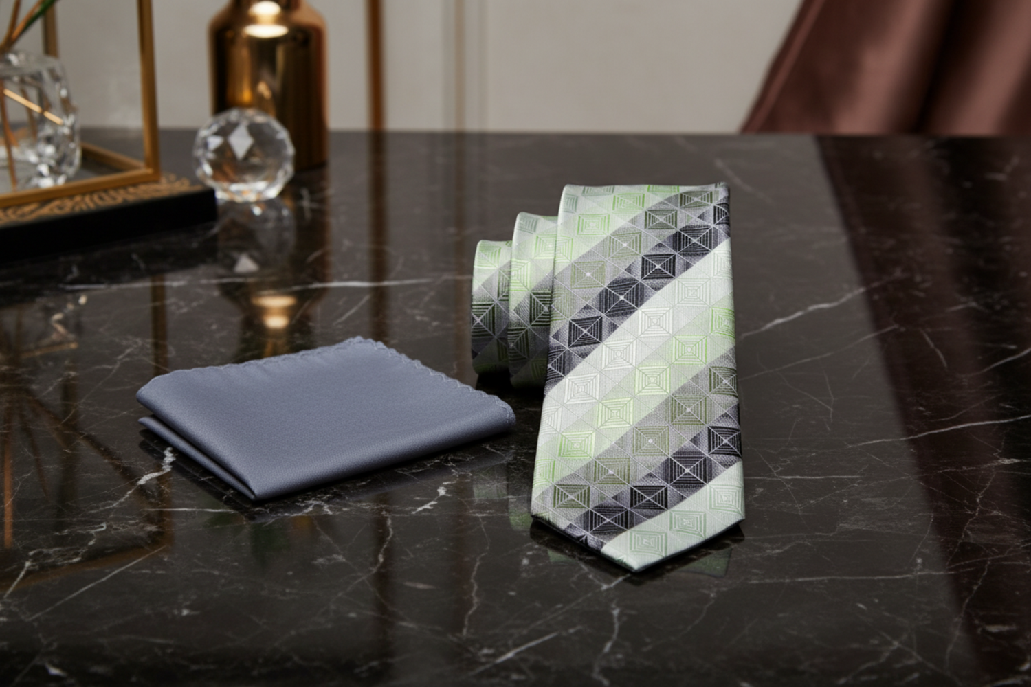 Alt View: Green Geometric Blocks Tie and Grey Square