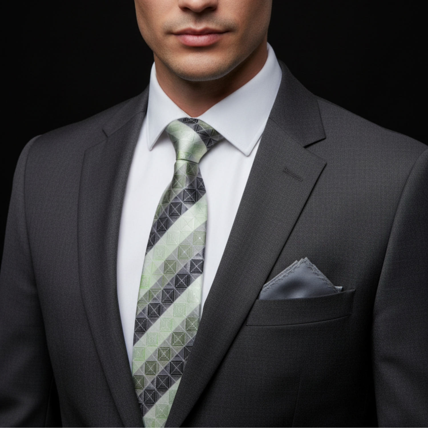 Green Blocks tie and grey square on man with suit