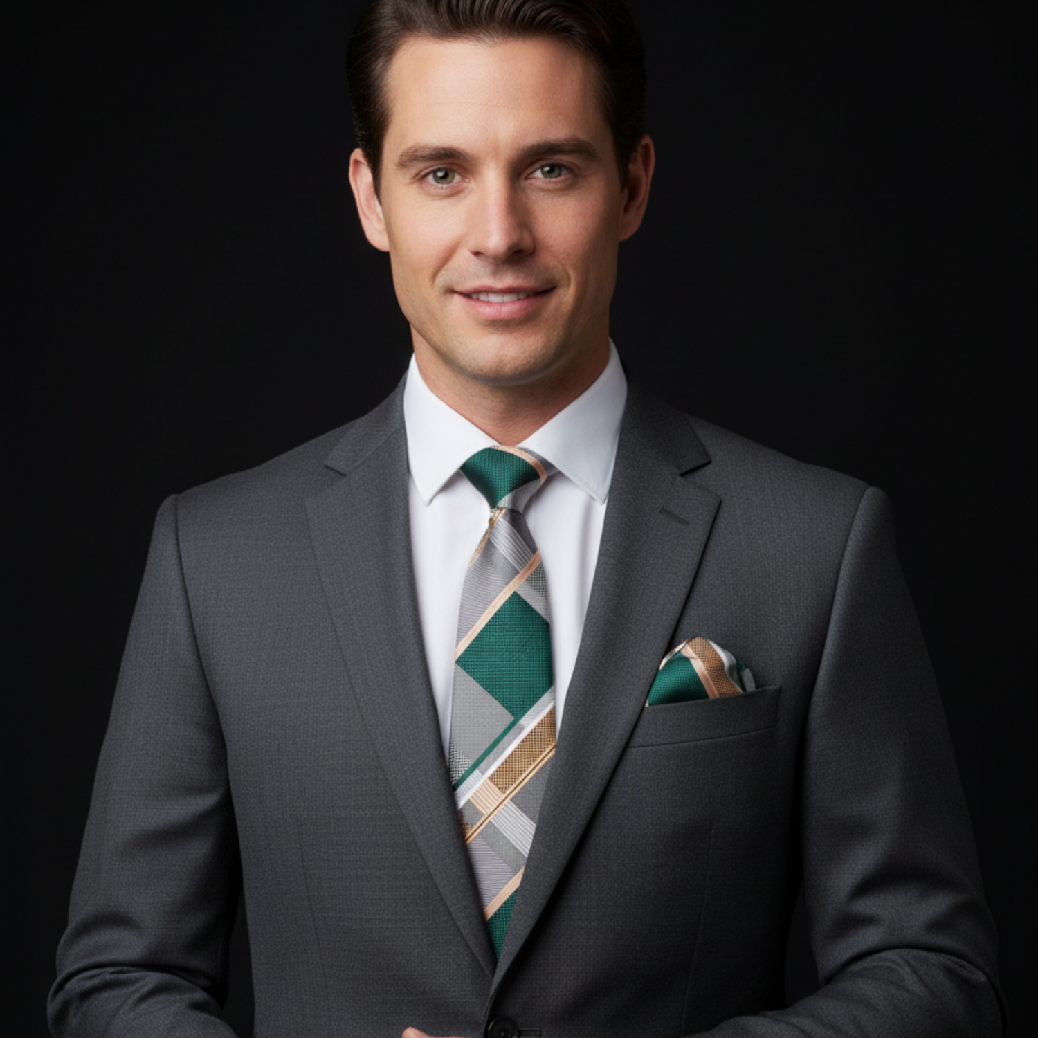 Man wearing a gray suit with a green and white checkered tie against a black background