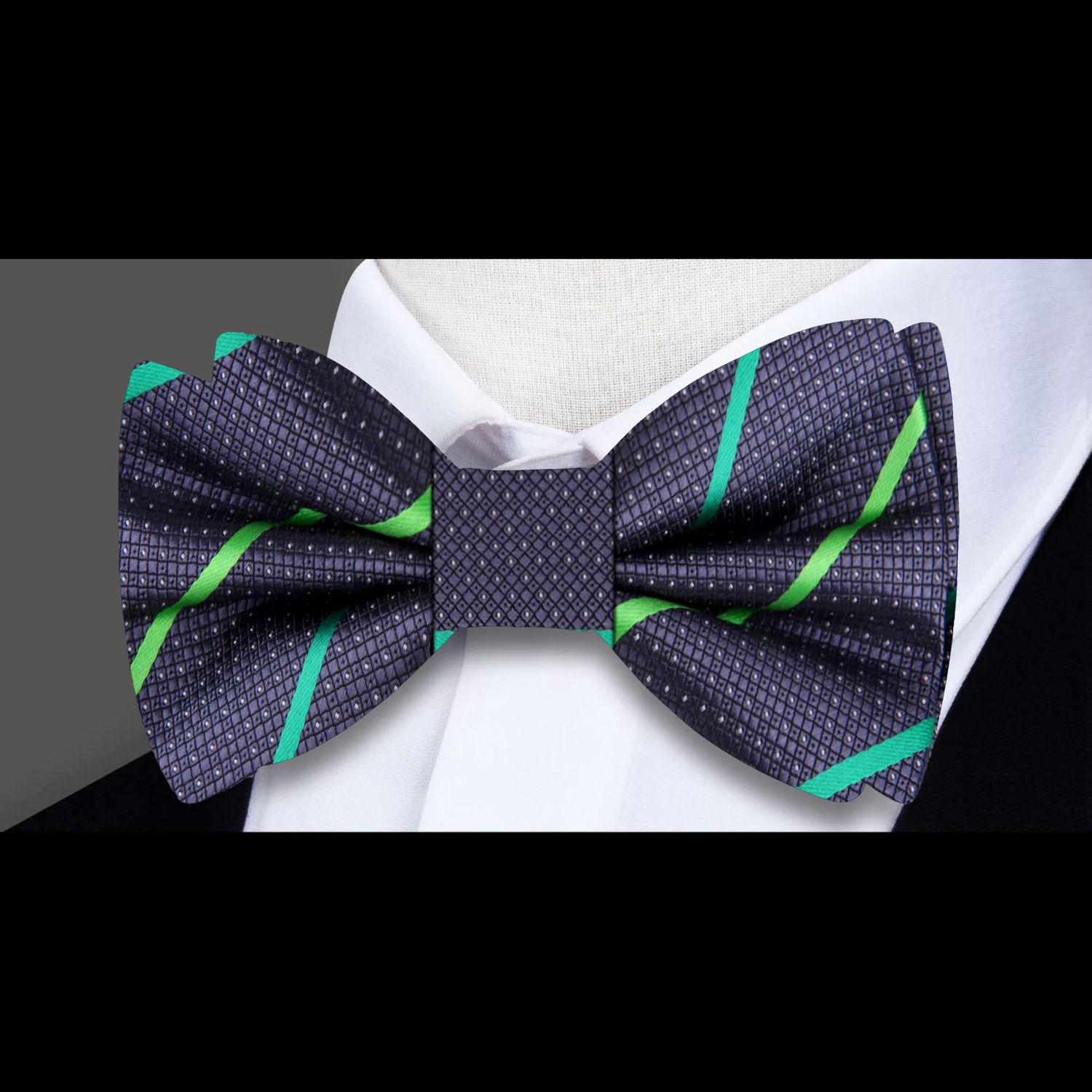 Grey Green Stripe Bow Tie