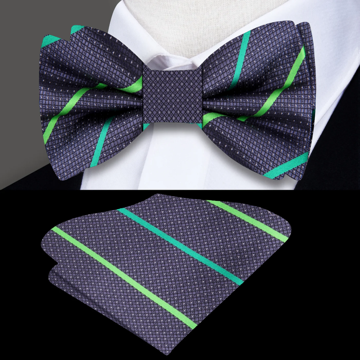 Grey Green Stripe Bow Tie and Square
