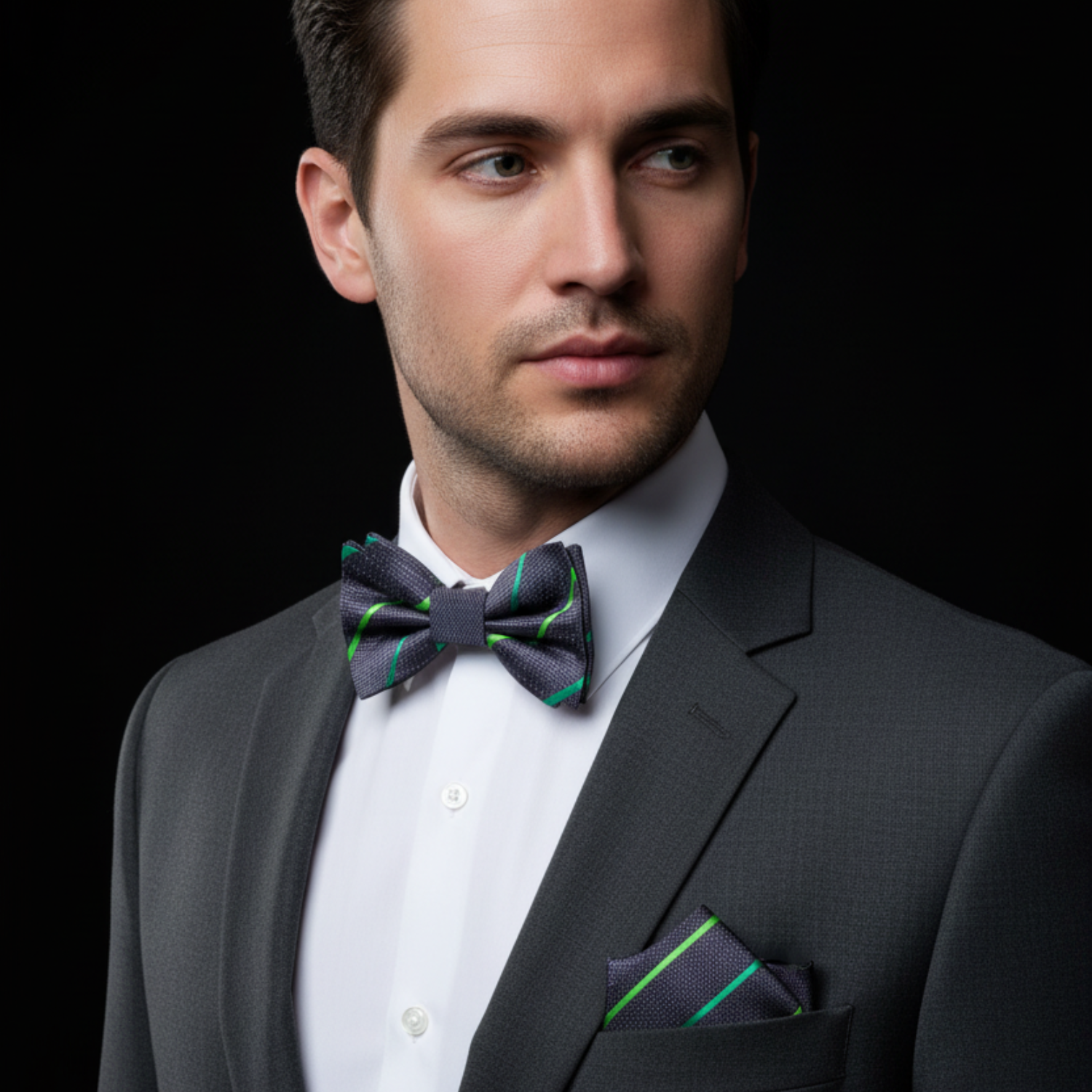 Man wearing a black suit with a patterned bow tie and pocket square on a black background