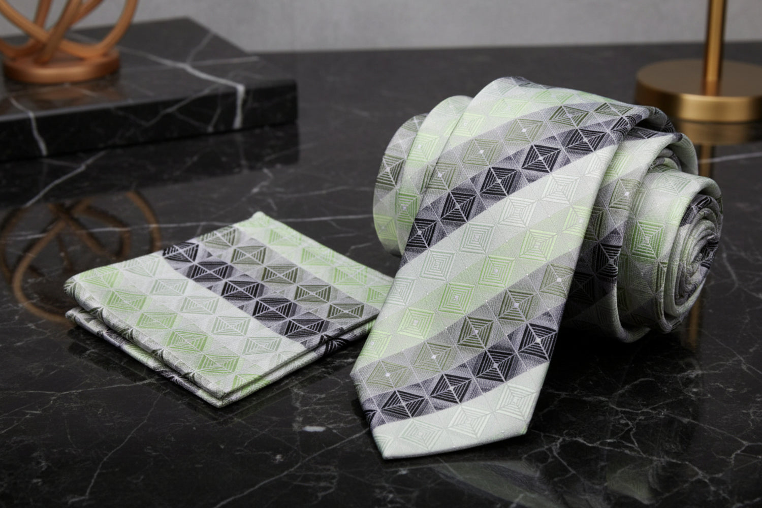 Alt View: Green Geometric Blocks Tie and Matching Square