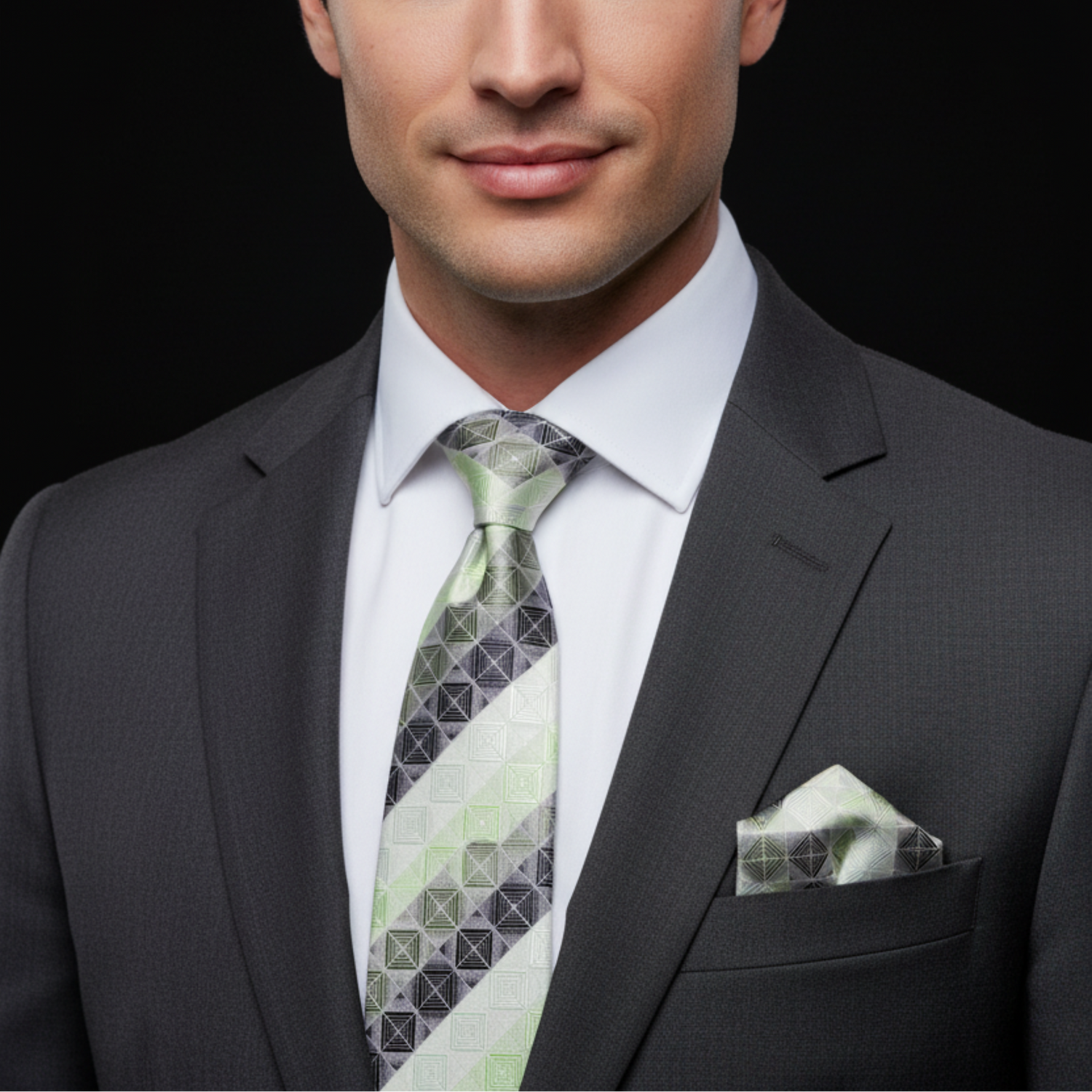 Man wearing green blocks tie and matching square with suit