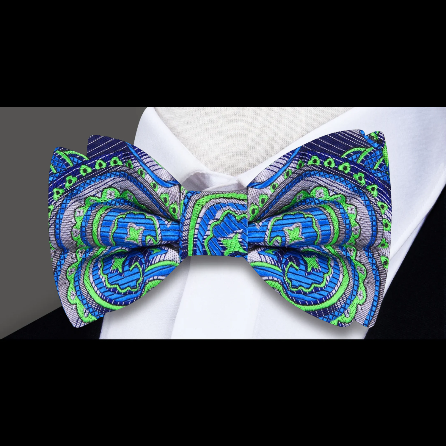 A Grey, Green Pattern Silk Bow Tie