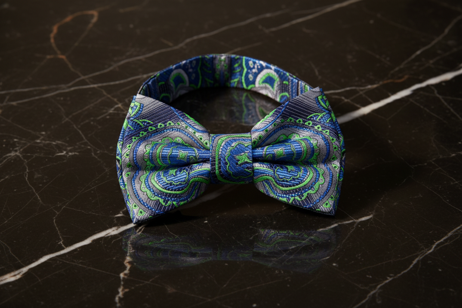 A Grey, Green Pattern Pre Tied Bow Tie