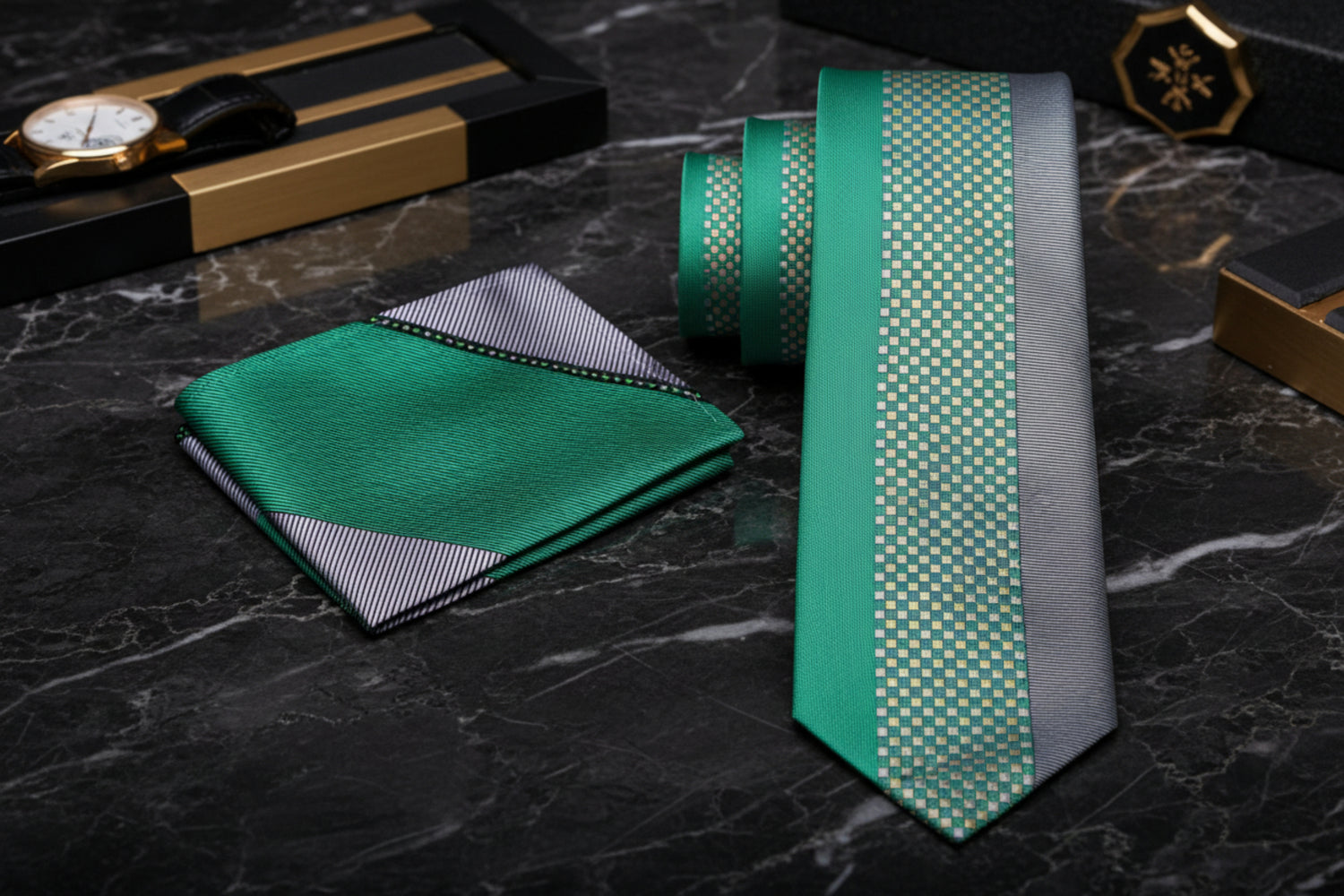 Alt View: Green and Grey Abstract Necktie with Grey and Green Abstract Pocket Square