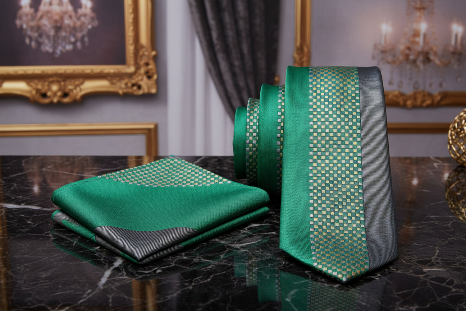 Alt View: Green and Grey Abstract Necktie with  Pocket Square