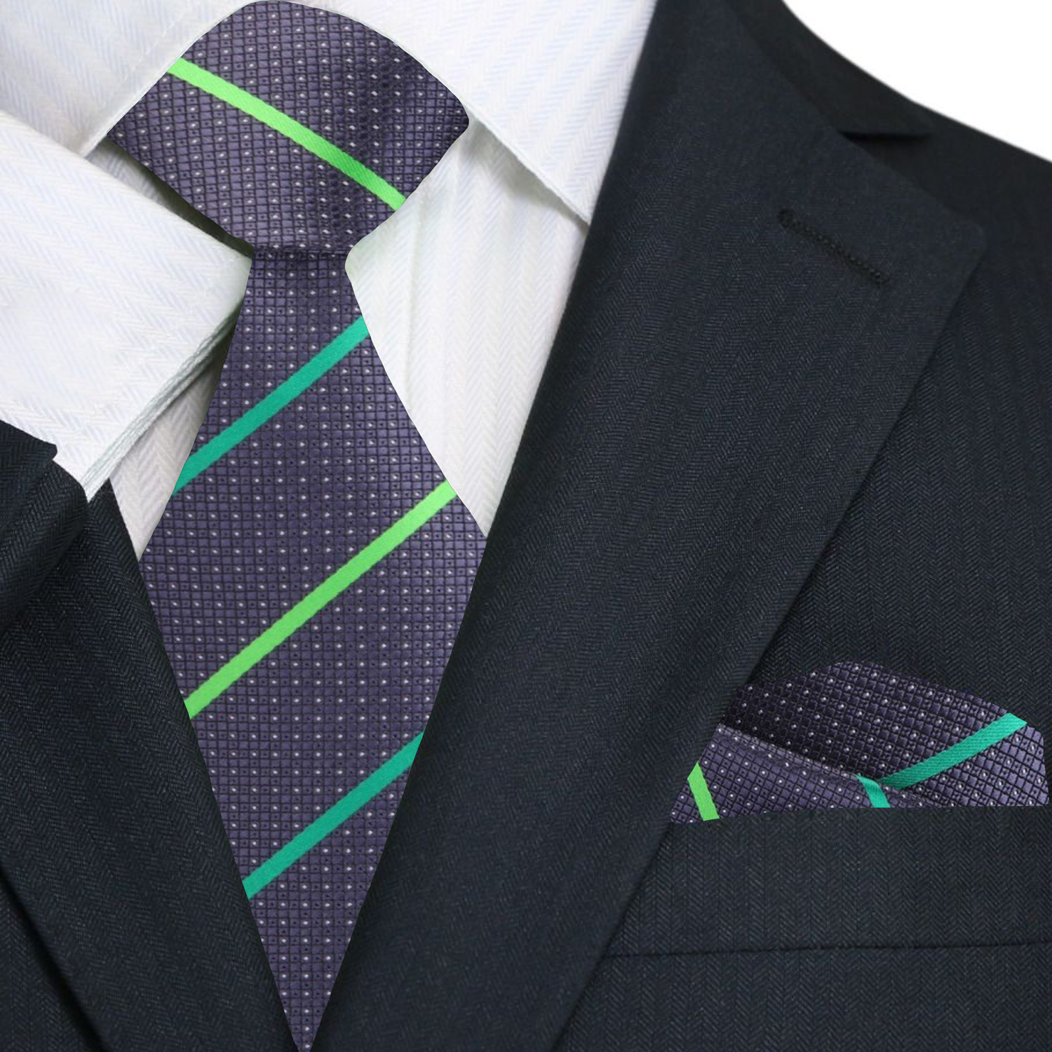 Premium Grey, Green Stripe Tie and Square