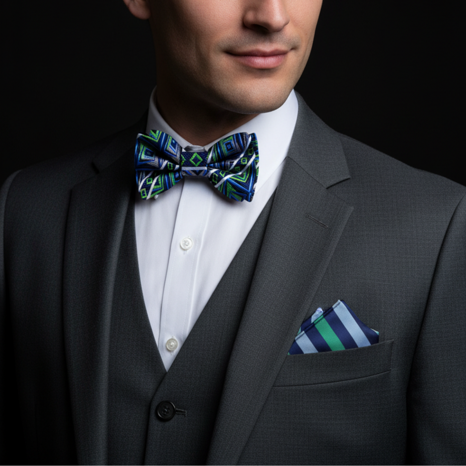 Blue Green Geometric Diamond Pre-Tied Bow Tie