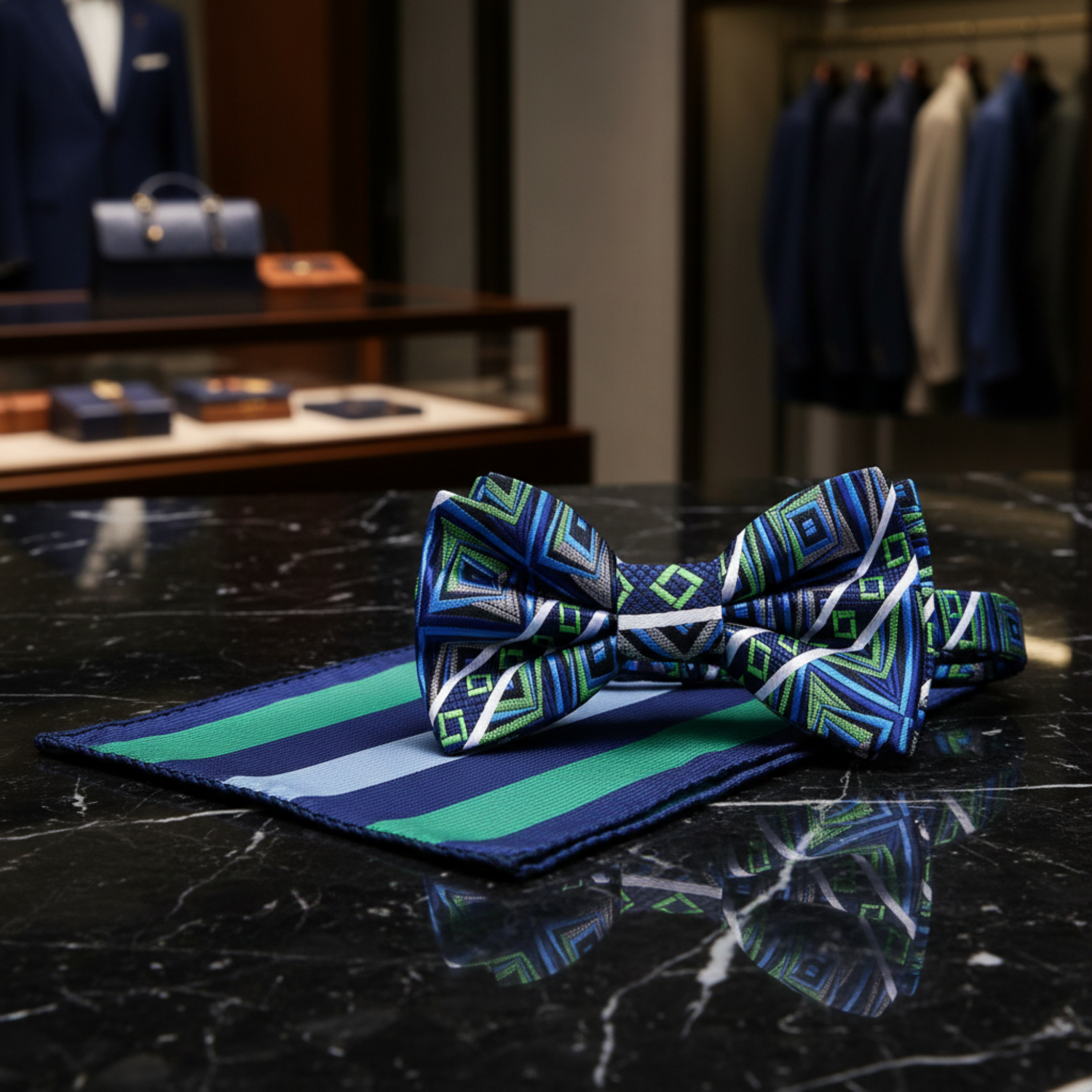 A Grey, Green, Blue Abstract Geometric Pattern Pre Tied Bow Tie, Accenting Stripe Pocket Square
