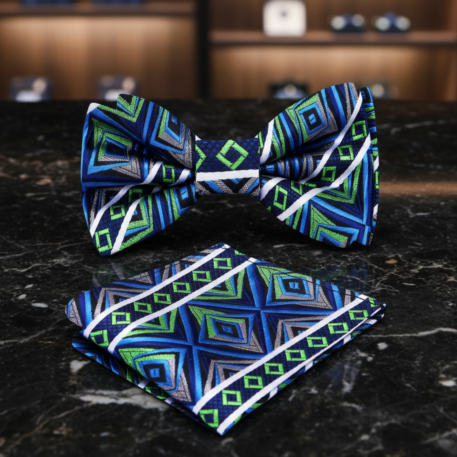 A Grey, Green, Blue Abstract Geometric Pattern Pre Tied Bow Tie, Matching Pocket Square
