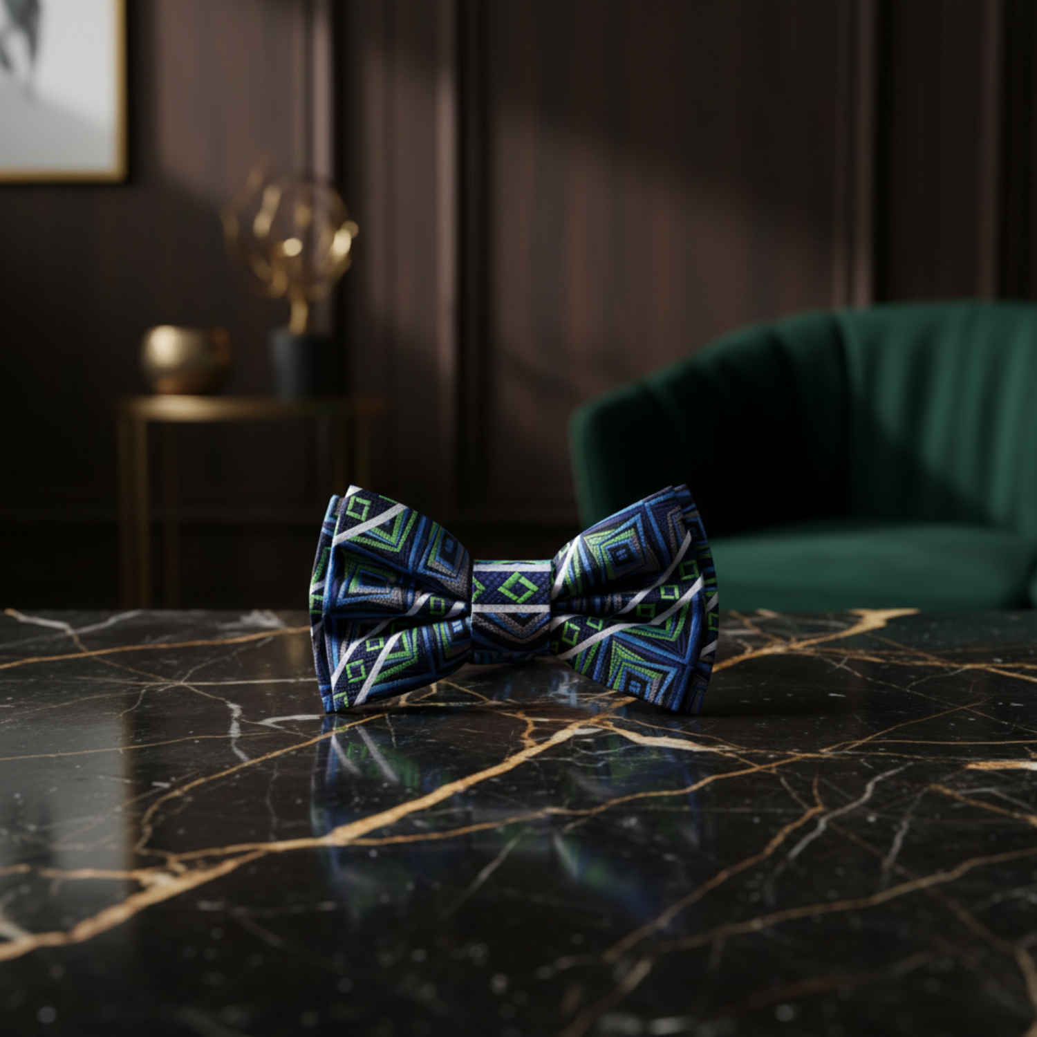 A Grey, Green, Blue Abstract Geometric Pattern Pre Tied Bow Tie