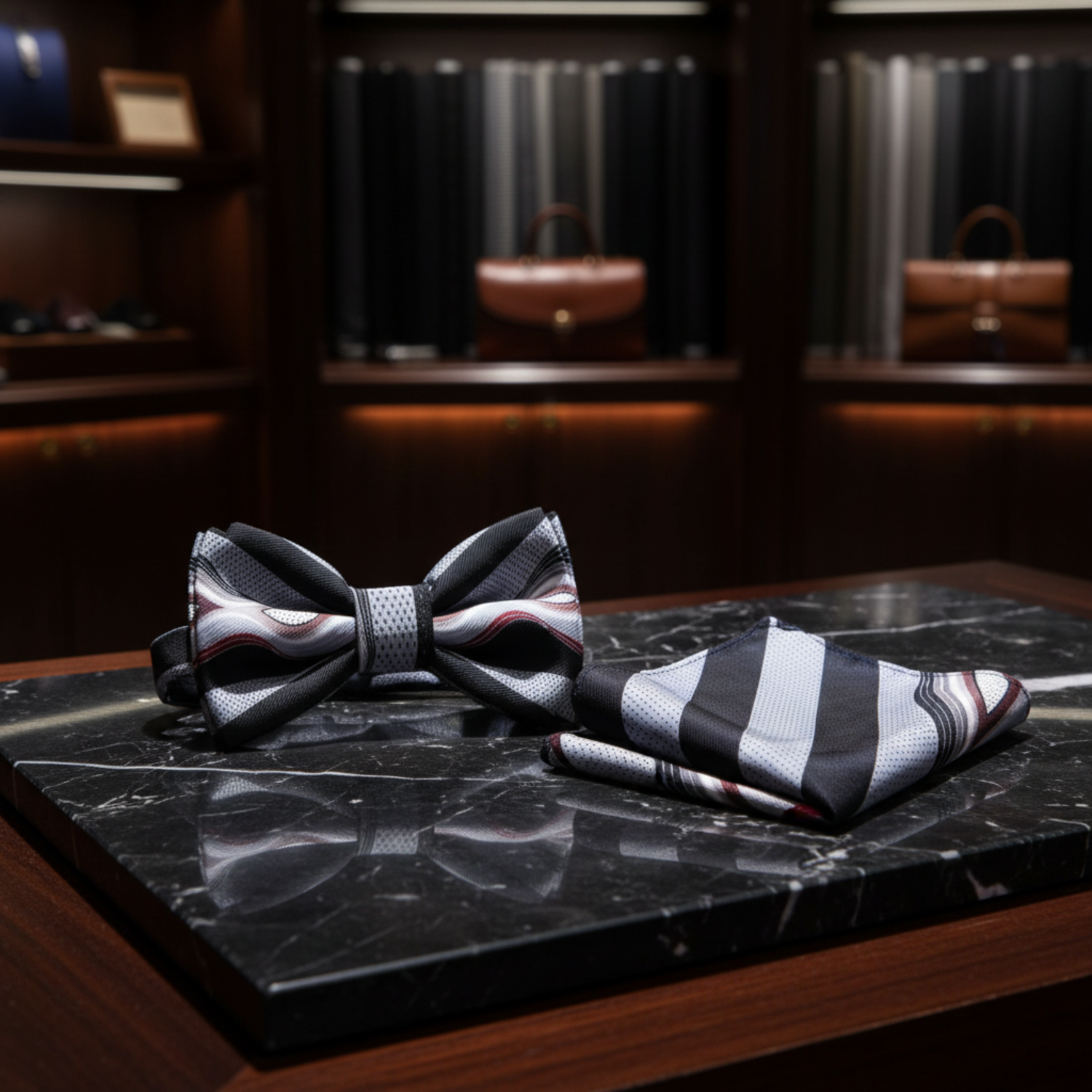 Main: Fog Grey, Black, Deep Red Abstract Bow Tie and Pocket Square||Fog Grey