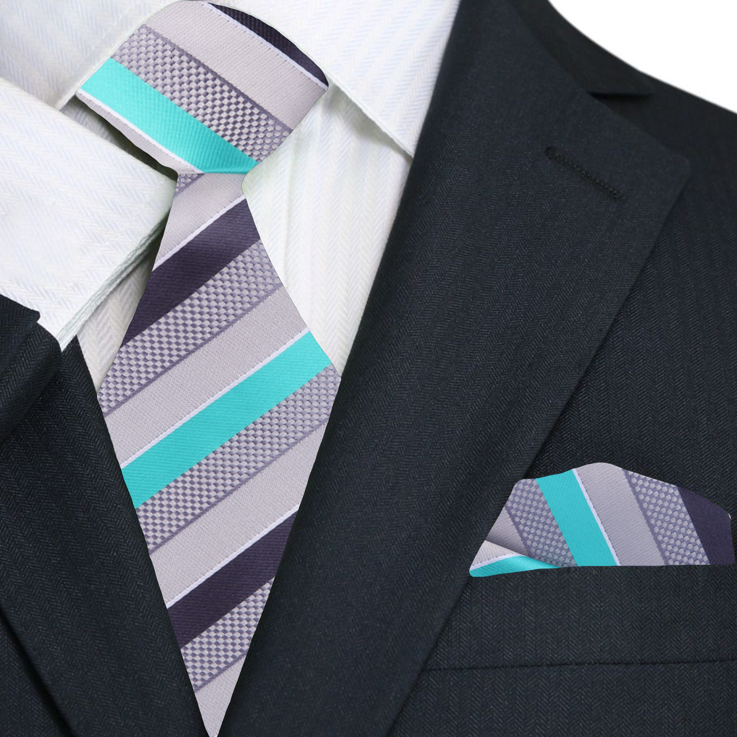 Premium Light Grey, Silver, Orbit Purple, Blue Fury Stripe Tie and Square  