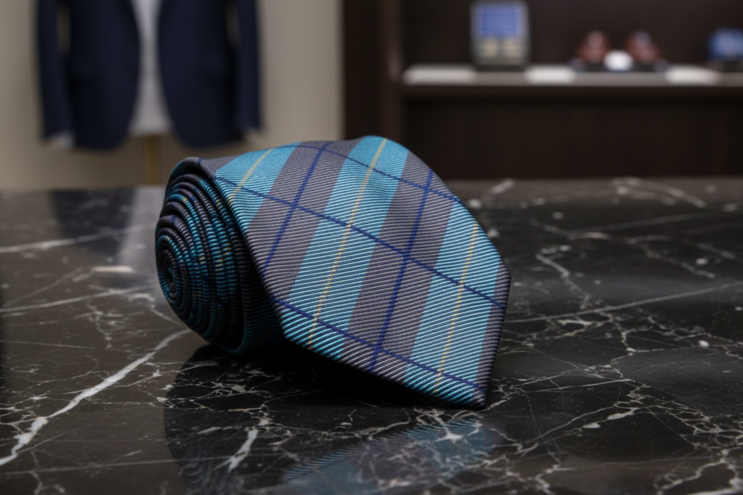 Grey, Light Blue Plaid Necktie