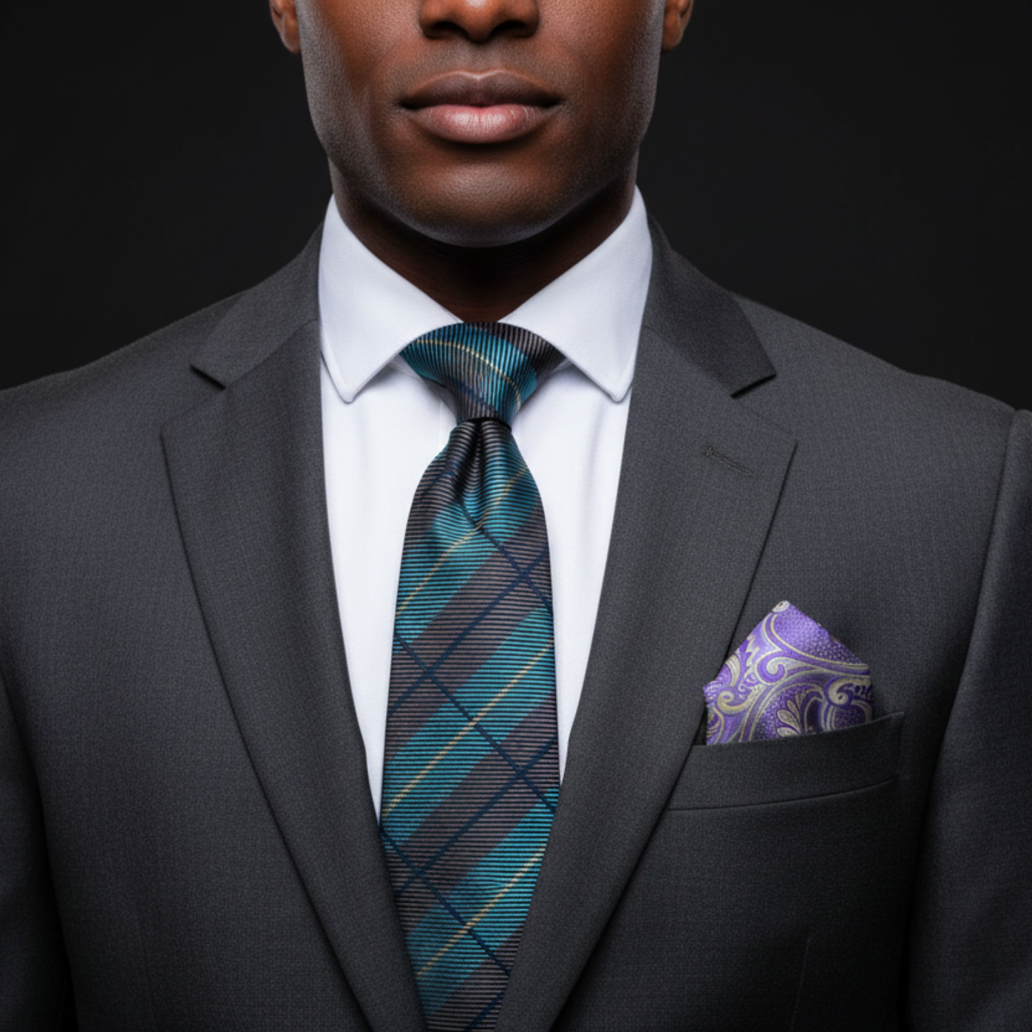 Man wearing a dark suit with a plaid tie and pocket square on a black background