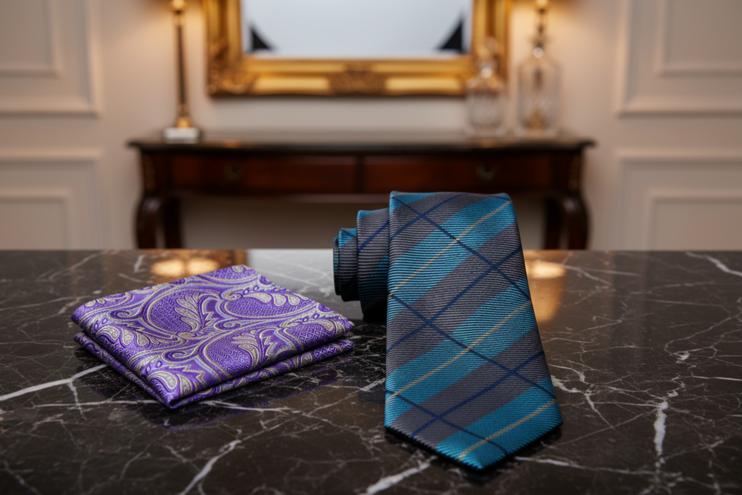 Alt Grey, Light Blue Plaid Necktie and Accenting Square