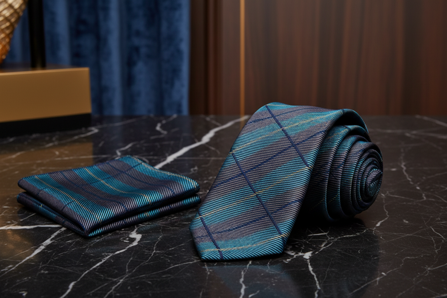 Alt Grey, Light Blue Plaid Necktie and Matching Square